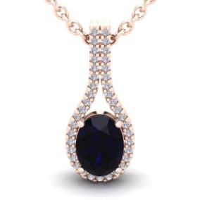 1 3/4 Carat Oval Shape Sapphire and Halo Diamond Necklace In 14 Karat Rose Gold, 18 Inches