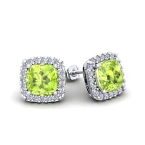 2 1/3 Carat Cushion Cut Peridot and Halo Diamond Stud Earrings In 14 Karat White Gold