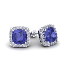 2 1/4 Carat Cushion Cut Tanzanite and Halo Diamond Stud Earrings In 14 Karat White Gold