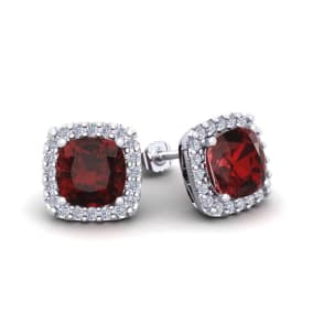 2 1/2 Carat Cushion Cut Garnet and Halo Diamond Stud Earrings In 14 Karat White Gold