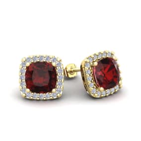 2 1/2 Carat Cushion Cut Garnet and Halo Diamond Stud Earrings In 14 Karat Yellow Gold