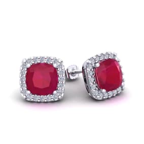 3 Carat Cushion Cut Ruby and Halo Diamond Stud Earrings In 14 Karat White Gold