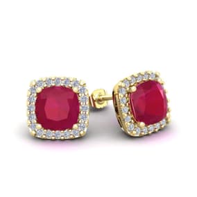 3 Carat Cushion Cut Ruby and Halo Diamond Stud Earrings In 14 Karat Yellow Gold