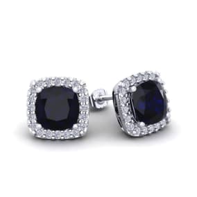 2 1/3 Carat Cushion Cut Sapphire and Halo Diamond Stud Earrings In 14 Karat White Gold