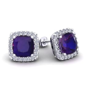 3 1/2 Carat Cushion Cut Amethyst and Halo Diamond Stud Earrings In 14 Karat White Gold