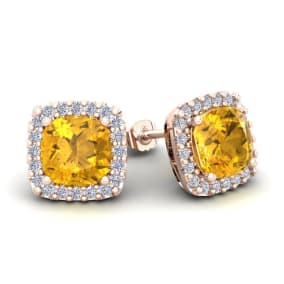 3 1/2 Carat Cushion Cut Citrine and Halo Diamond Stud Earrings In 14 Karat Rose Gold