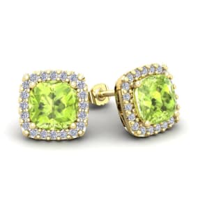 3 1/3 Carat Cushion Cut Peridot and Halo Diamond Stud Earrings In 14 Karat Yellow Gold