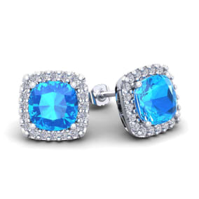 4 Carat Cushion Cut Blue Topaz and Halo Diamond Stud Earrings In 14 Karat White Gold