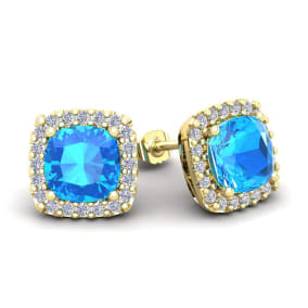 4 Carat Cushion Cut Blue Topaz and Halo Diamond Stud Earrings In 14 Karat Yellow Gold