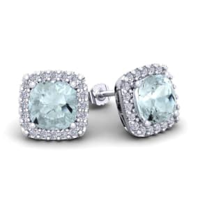 3 1/2 Carat Cushion Cut Aquamarine and Halo Diamond Stud Earrings In 14 Karat White Gold