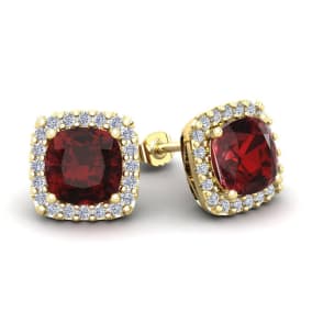 3 1/2 Carat Cushion Cut Garnet and Halo Diamond Stud Earrings In 14 Karat Yellow Gold