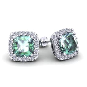 3 1/2 Carat Cushion Cut Green Amethyst and Halo Diamond Stud Earrings In 14 Karat White Gold