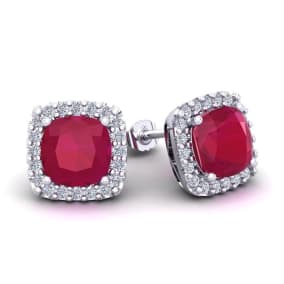 4 Carat Cushion Cut Ruby and Halo Diamond Stud Earrings In 14 Karat White Gold