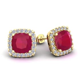 4 Carat Cushion Cut Ruby and Halo Diamond Stud Earrings In 14 Karat Yellow Gold