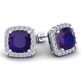 4 3/4 Carat Cushion Cut Amethyst and Halo Diamond Stud Earrings In 14 Karat White Gold