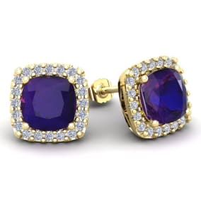 4 3/4 Carat Cushion Cut Amethyst and Halo Diamond Stud Earrings In 14 Karat Yellow Gold