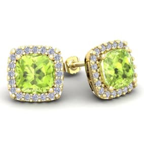 5 3/4 Carat Cushion Cut Peridot and Halo Diamond Stud Earrings In 14 Karat Yellow Gold