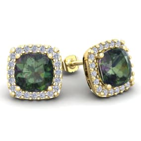 4 3/4 Carat Cushion Cut Mystic Topaz and Halo Diamond Stud Earrings In 14 Karat Yellow Gold