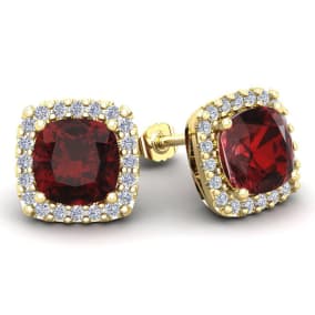 7 Carat Cushion Cut Garnet and Halo Diamond Stud Earrings In 14 Karat Yellow Gold
