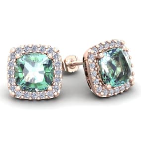 4 3/4 Carat Cushion Cut Green Amethyst and Halo Diamond Stud Earrings In 14 Karat Rose Gold