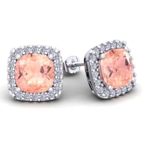 6-3/4 Carat Cushion Shape Morganite Earrings and Diamond Halo In 14 Karat White Gold