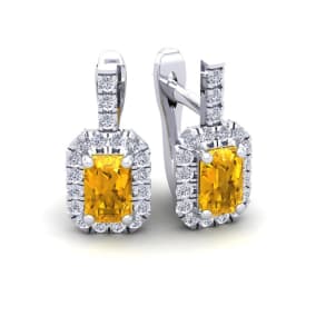 1 1/2 Carat Citrine and Halo Diamond Dangle Earrings In 14 Karat White Gold