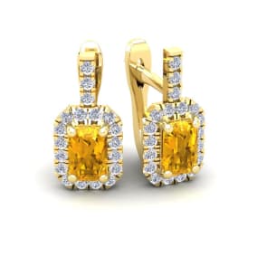 1 1/2 Carat Citrine and Halo Diamond Dangle Earrings In 14 Karat Yellow Gold