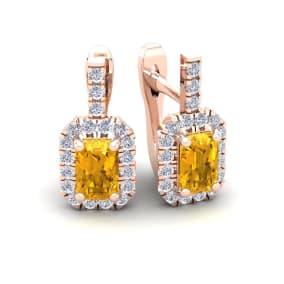 1 1/2 Carat Citrine and Halo Diamond Dangle Earrings In 14 Karat Rose Gold