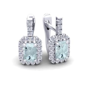 Aquamarine Earrings: Aquamarine Jewelry: 1 2/3 Carat Aquamarine and Halo Diamond Dangle Earrings In 14 Karat White Gold