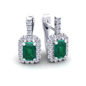1 2/3 Carat Emerald and Halo Diamond Dangle Earrings In 14 Karat White Gold