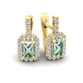 1 1/2 Carat Green Amethyst and Halo Diamond Dangle Earrings In 14 Karat Yellow Gold