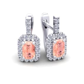 1-3/4 Carat Octagon Shape Morganite Earrings and Diamond Halo Dangle In 14 Karat White Gold