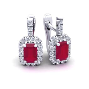 2 Carat Ruby and Halo Diamond Dangle Earrings In 14 Karat White Gold
