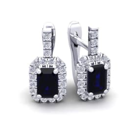 2 Carat Sapphire and Halo Diamond Dangle Earrings In 14 Karat White Gold