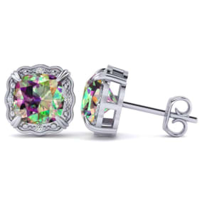 2ct Cushion Cut Mystic Topaz and Diamond Earrings in 10k White Gold