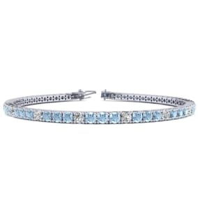 4 1/2 Carat Aquamarine And Diamond Graduated Tennis Bracelet In 14 Karat White Gold, 8 Inches