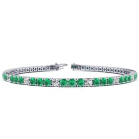 5 1/3 Carat Emerald And Diamond Graduated Tennis Bracelet In 14 Karat White Gold, 8 1/2 Inches
