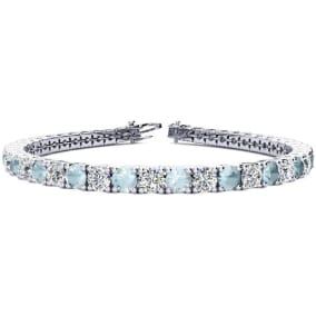 8 3/4 Carat Aquamarine and Diamond Tennis Bracelet In 14 Karat White Gold, 7 1/2 Inches