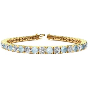 7 Carat Aquamarine and Diamond Tennis Bracelet In 14 Karat Yellow Gold, 6 Inches
