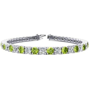 7 3/4 Carat Peridot and Diamond Tennis Bracelet In 14 Karat White Gold, 6 Inches