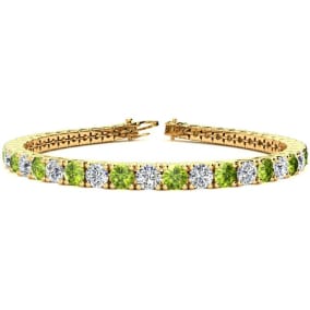 8 1/2 Carat Peridot and Diamond Tennis Bracelet In 14 Karat Yellow Gold, 6 1/2 Inches