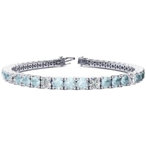 7 1/4 Carat Aquamarine and Diamond Alternating Tennis Bracelet In 14 Karat White Gold, 6 1/2 Inches