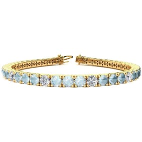 8 1/3 Carat Aquamarine and Diamond Alternating Tennis Bracelet In 14 Karat Yellow Gold, 7 1/2 Inches