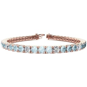 Aquamarine Bracelet: Aquamarine Jewelry: 6 1/2 Carat Aquamarine and Diamond Alternating Tennis Bracelet In 14 Karat Rose Gold, 6 Inches