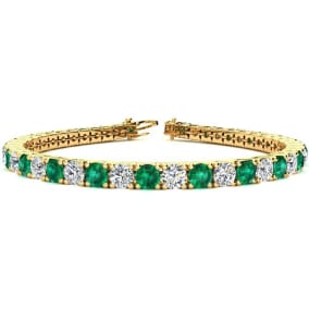 11 Carat Emerald and Diamond Tennis Bracelet In 14 Karat Yellow Gold Available In 6-9 Inch Lengths