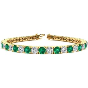 11 Carat Emerald and Diamond Tennis Bracelet In 14 Karat Yellow Gold Available In 6-9 Inch Lengths