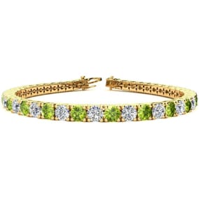 9 3/4 Carat Peridot and Diamond Tennis Bracelet In 14 Karat Yellow Gold Available In 6-9 Inch Lengths