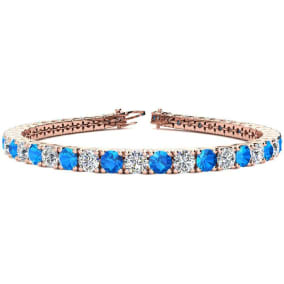 11 Carat Blue Topaz and Diamond Tennis Bracelet In 14 Karat Rose Gold Available In 6-9 Inch Lengths