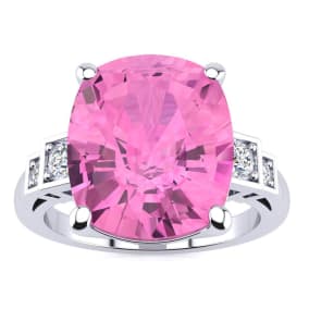 14k White Gold Cushion Cut 4ct Pink Topaz and Diamond Ring