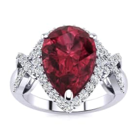 3ct Garnet and Diamond Ring With X Shank Accents, 14k White Gold